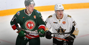 На изображении два хоккеиста во время игры. Игрок в зелёной форме команды с логотипом хоккейного клуба противостоит игроку в белой форме с чёрными и золотистыми элементами, оба держат клюшки на льду